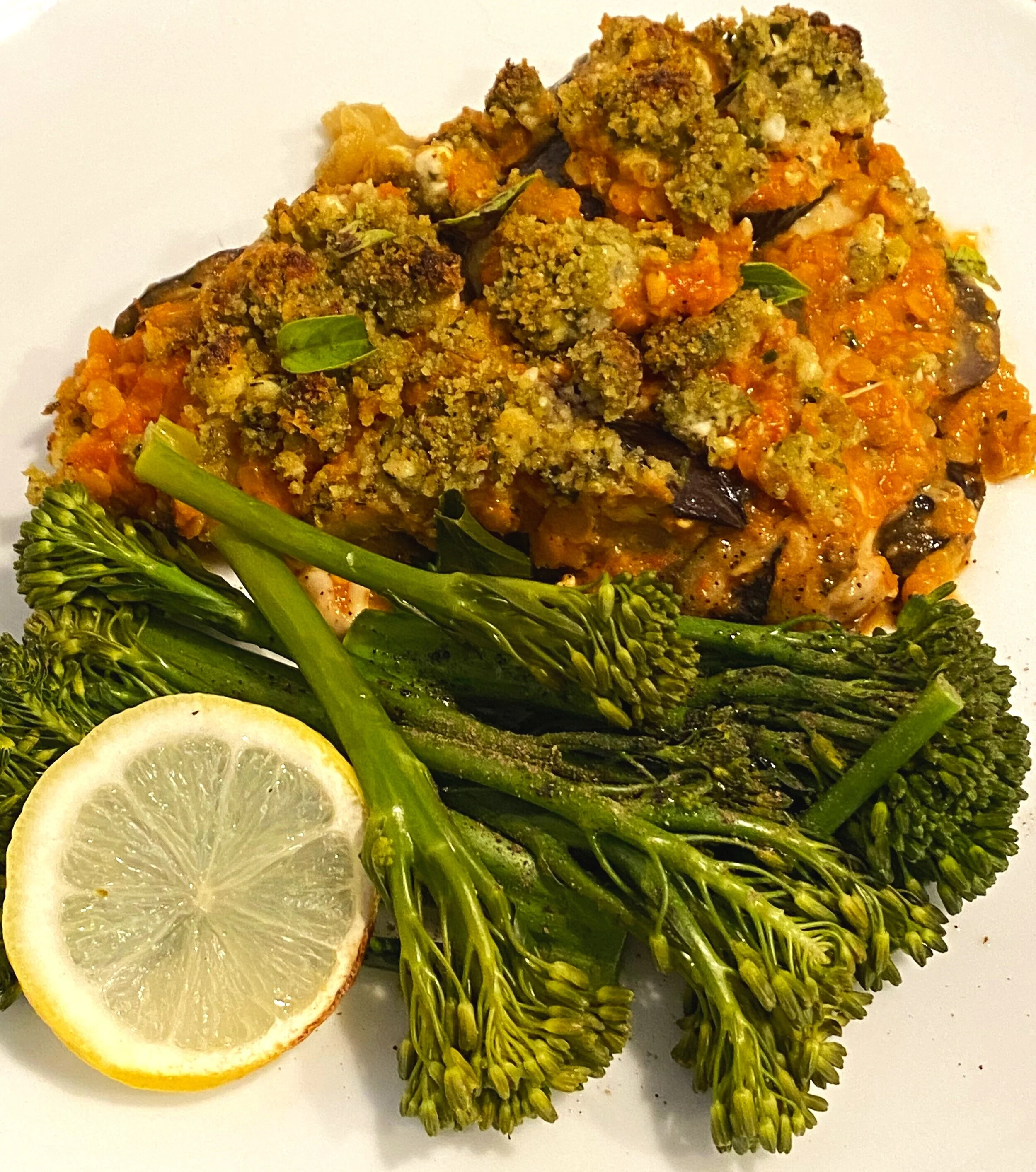 Vegan Aubergine Bake with Pesto Crumble 
