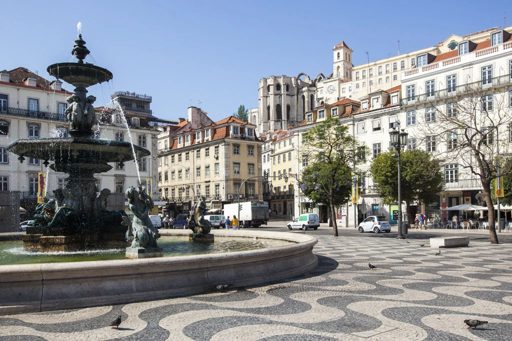 Fountain in the Pedro IV Square also best known as Rossio Square