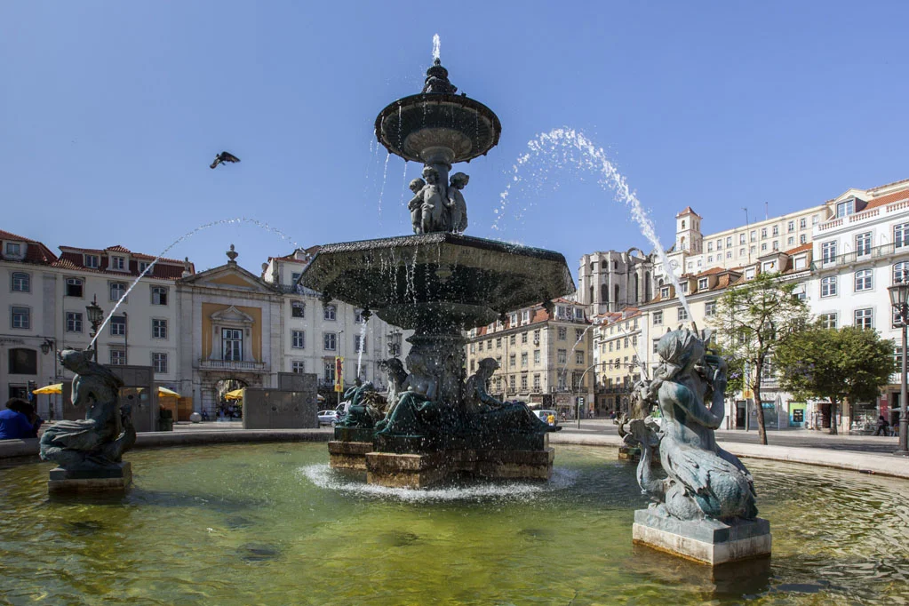 Fountain in the Pedro IV Square also best known as Rossio Square