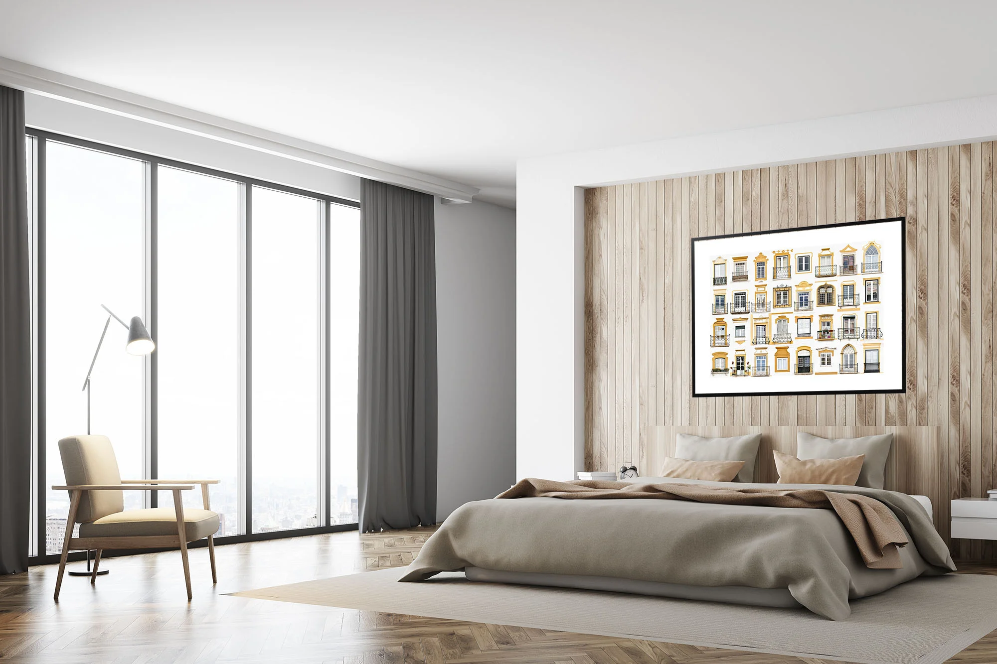 White and wooden bedroom, poster, side