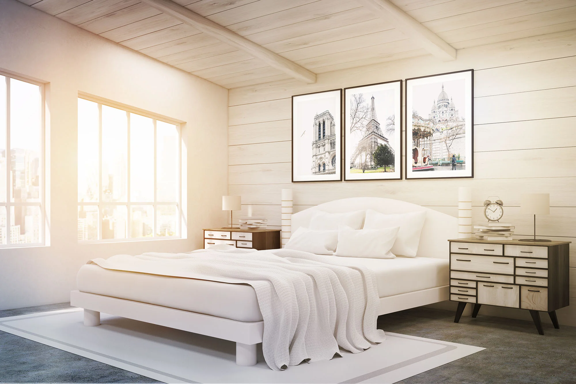 Side view of double bed with posters, toned