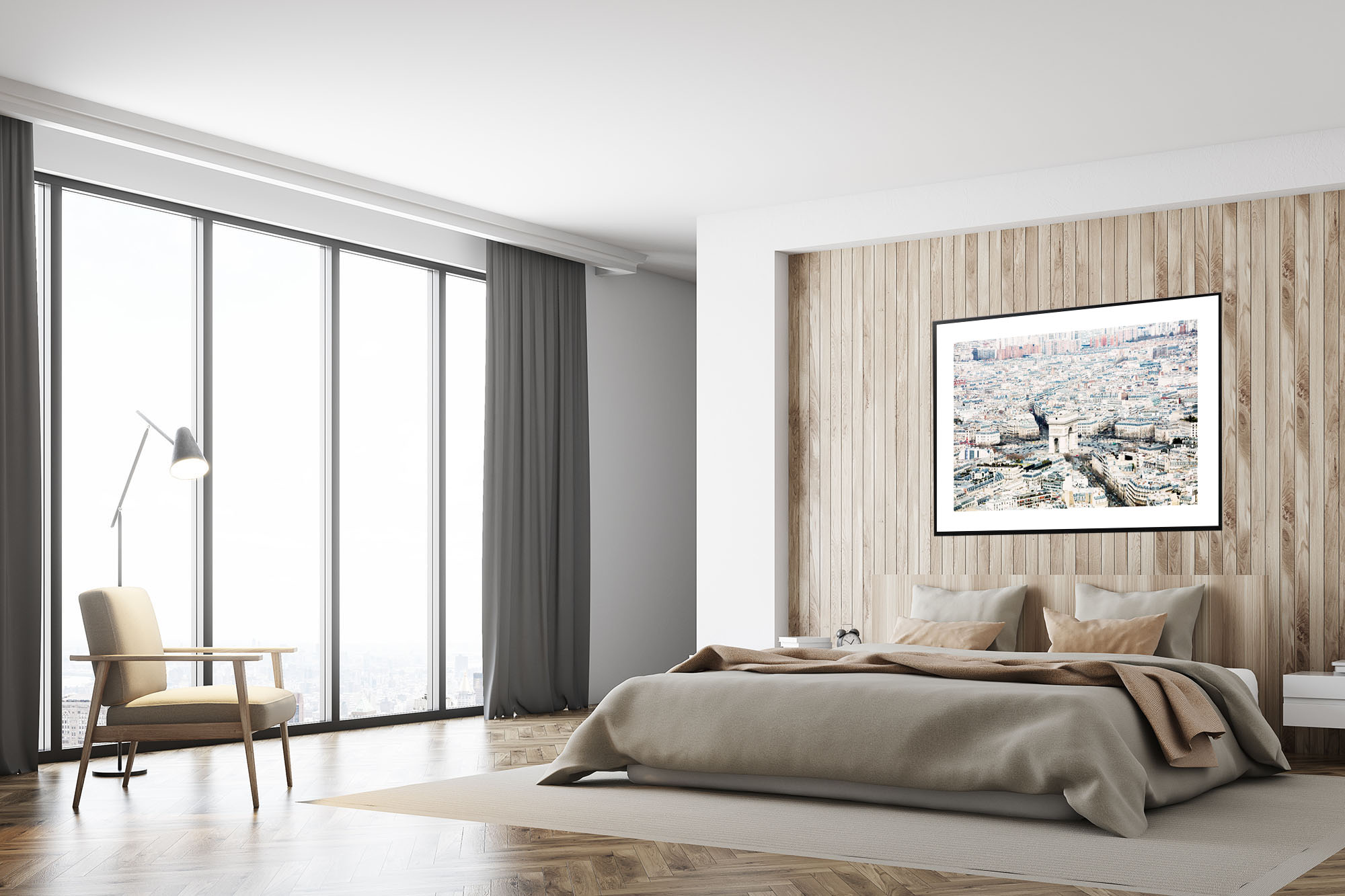 White and wooden bedroom, poster, side