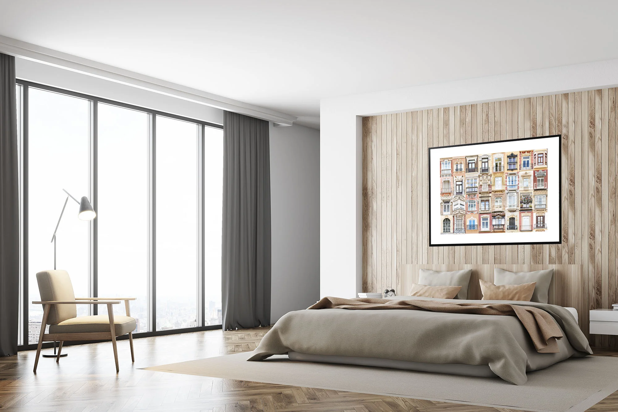 White and wooden bedroom, poster, side