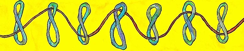 The figure eight symbolizes the continuum of consciousness between waking and dreaming that belongs to the experience of individuals. They each have a thread weaving through and connecting them to others in their community. At the Dreambridge, this thread is the gift of dream sharing, and Dream-Arts!