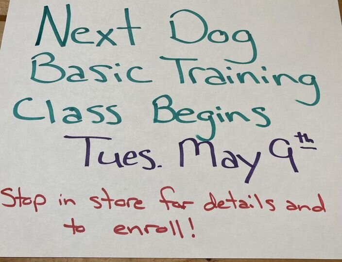 Quinn's Canine Cafe's next dog basic training class begins Tuesday, May 9th. 
Stop in the store to sign up your pupster!