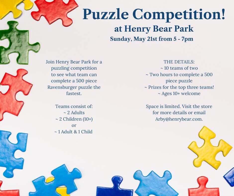 @henrybearspark's Puzzle Competition is coming up! Visit the store or call 978-572-5295 for more information.

#newburyport #nbpt #puzzlecompetition