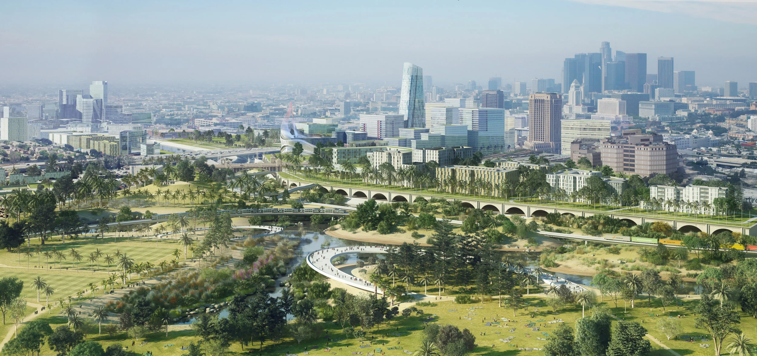 AECOM, a multinational construction and engineering company, released its plan for remaking hundreds of acres of land alongside the Los Angeles River through downtown. The view is from the Piggyback Yard, a 120-acre active rail yard the company would like remake with cleaner trains and a smaller footprint leaving green space for the public AECOM