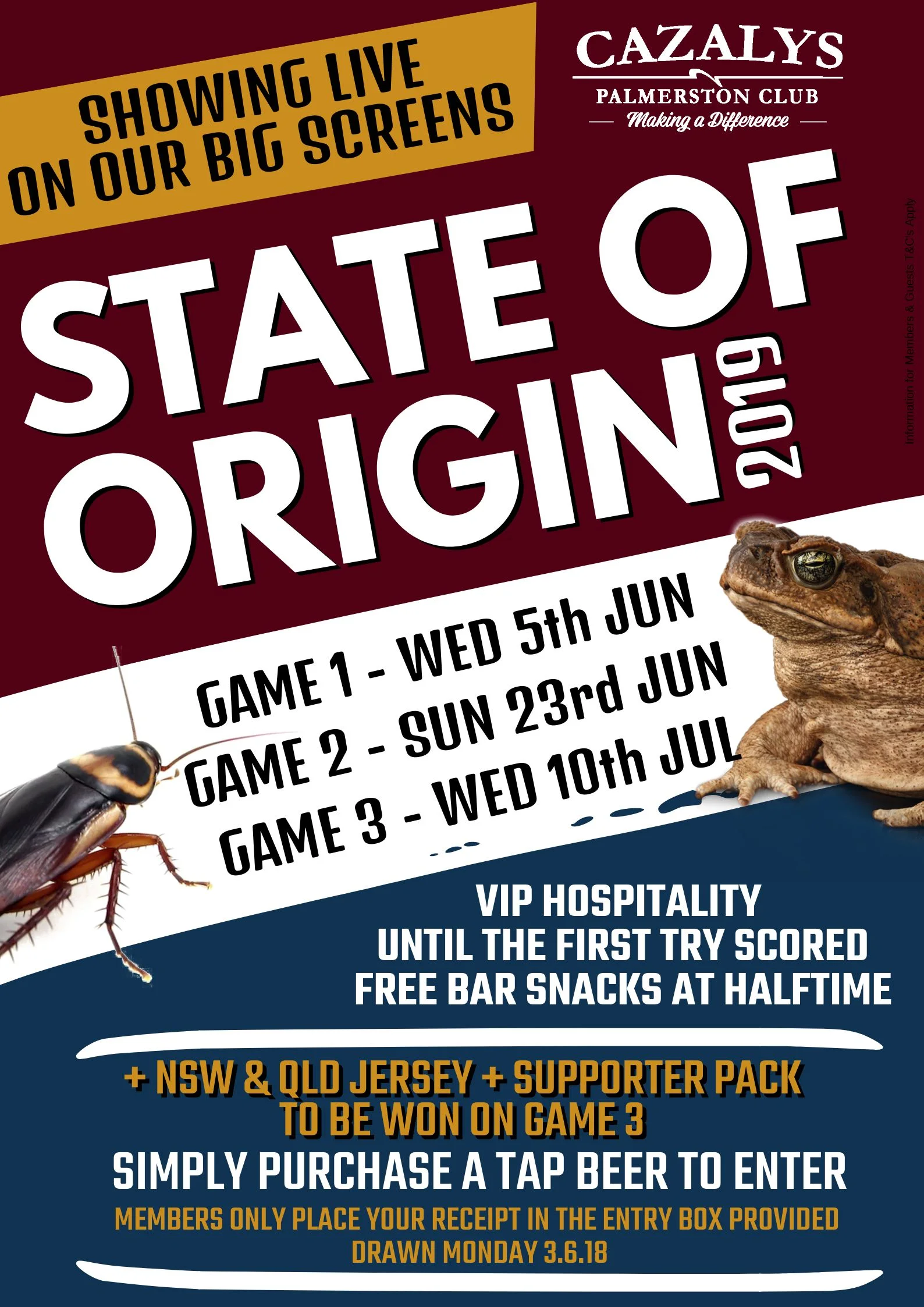 Plan your State of Origin with us at Cazalys! With VIP hospitality until the first try scored, complimentary bar snacks at half time, drink specials and multiple screens to watch, you cant go wrong! We will see you here, Wed 5th June