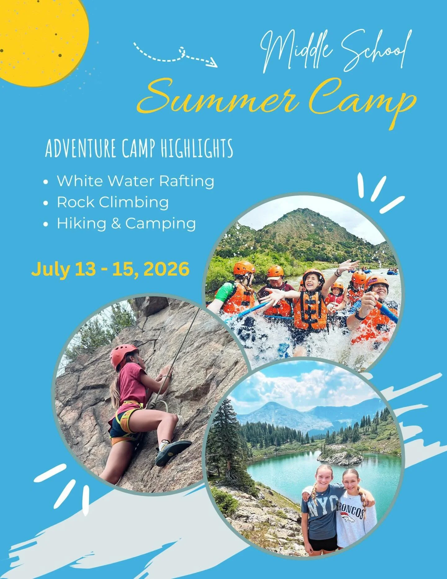 Colorado Adventure Camp is here! 🙌
 Ages 11&ndash;14 | July 13&ndash;15, 2026
Journey to Buena Vista and the Sawatch Range for three days of rafting, hiking, climbing, waterfall chasing, campfires, and big Colorado skies. 🧗🥾🚣&zwj;♂️🌲⛺️🔥💫 
Thi