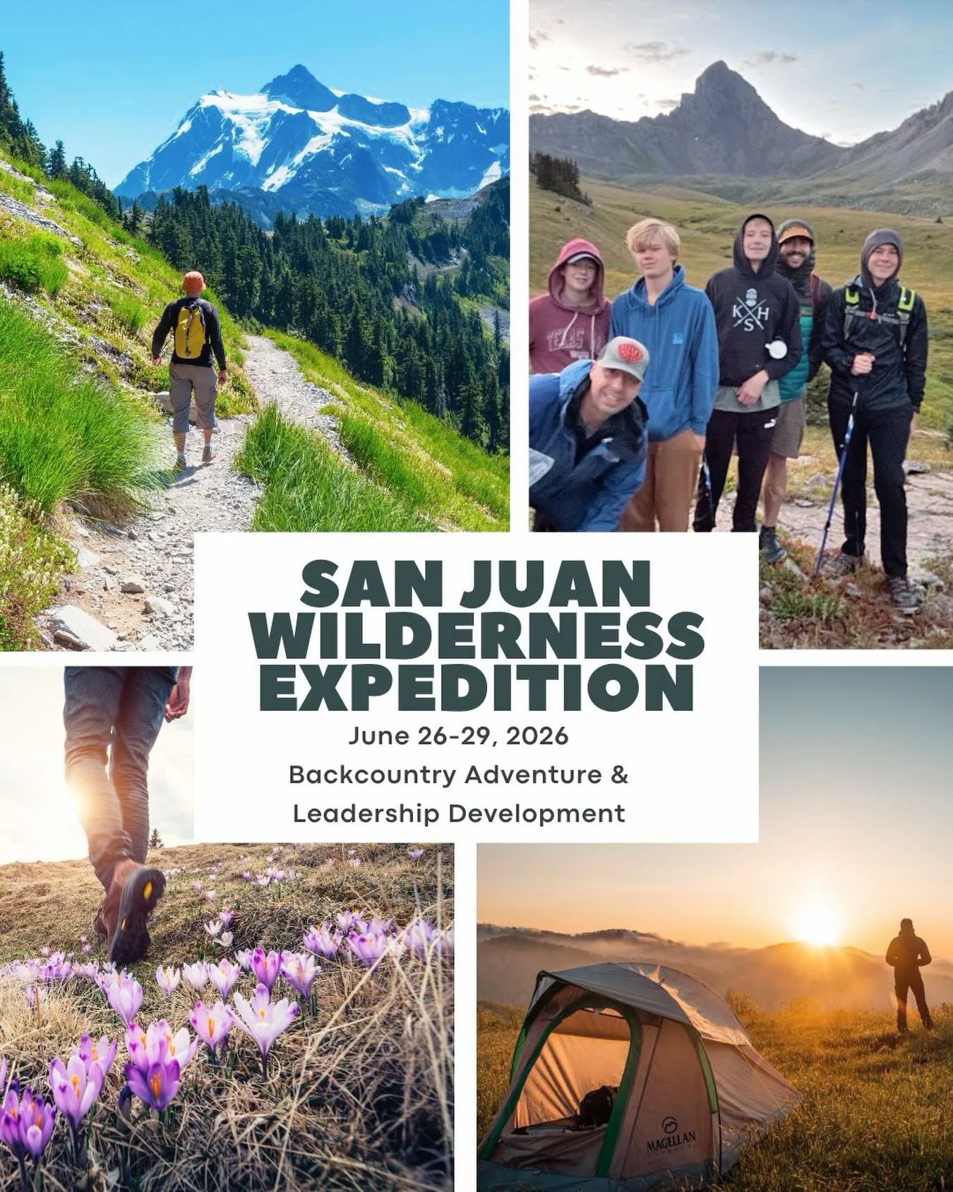 SAN JUAN WILDERNESS EXPEDITION ⛰️

Middle School Boys (11&ndash;14) June 26&ndash;29, 2026

Leadership || Backcountry Adventure || Character Development

Four days in the San Juan Mountains. No distractions. No shortcuts. Just challenge, growth, and 