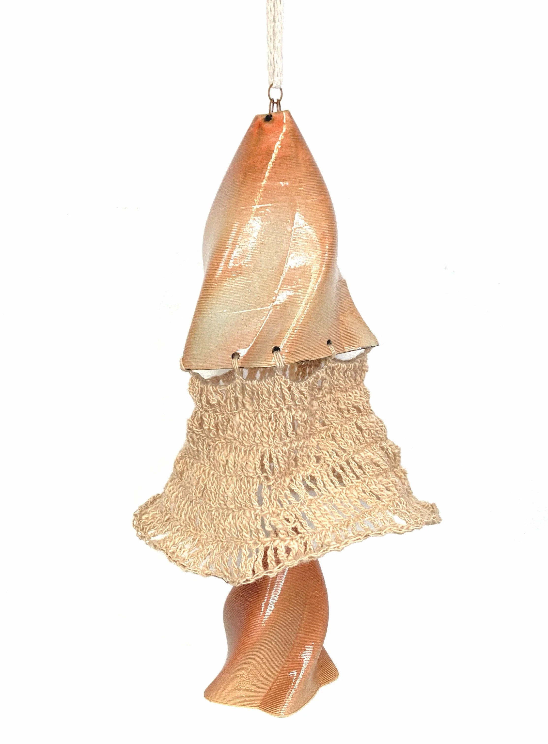  Untitled. 2022. Cone 6 stoneware, wool, avocado dye, hemp yarn, brass.  