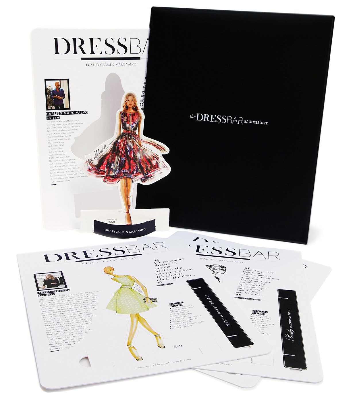   first up... impress the press.  the fashion press.&nbsp;we collaborated with designers whose names are practically synonymous with the word dress, and created chic cutout dolls from their sketches for our press kit. the dolls popped out of an overs