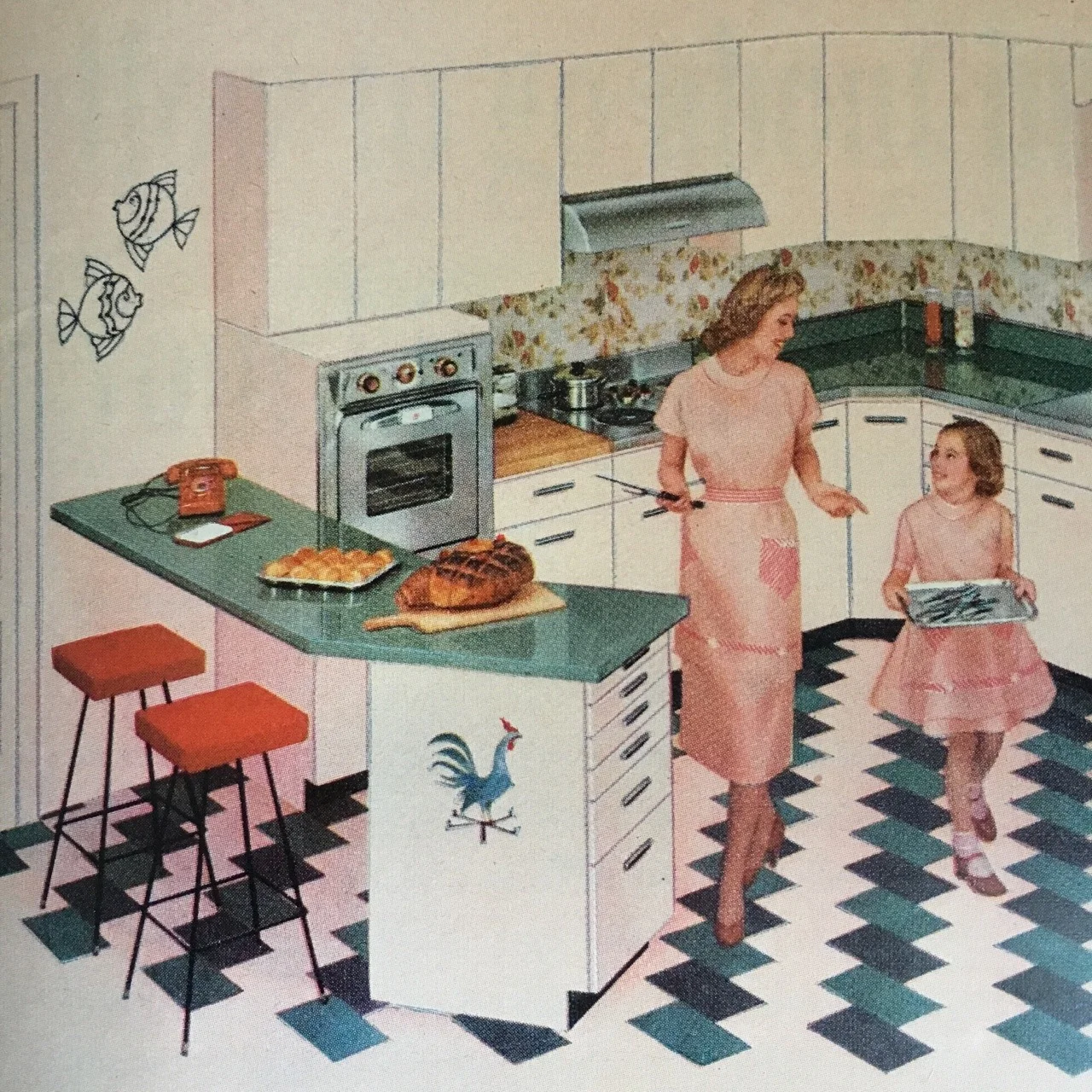 Republic Steel Kitchens. Better Homes and Gardens. May 1956. These cabinets came in “Harmony Hues” including Prelude Pink, Largo Yellow, and Tempo Turquoise. Steel kitchens were particularly popular in the ‘50s, as steel production was still plentiful and cheap during the Postwar era.