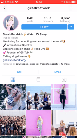 Instagram suggestions appear when you tap on the arrow next to the FOLLOW button.
