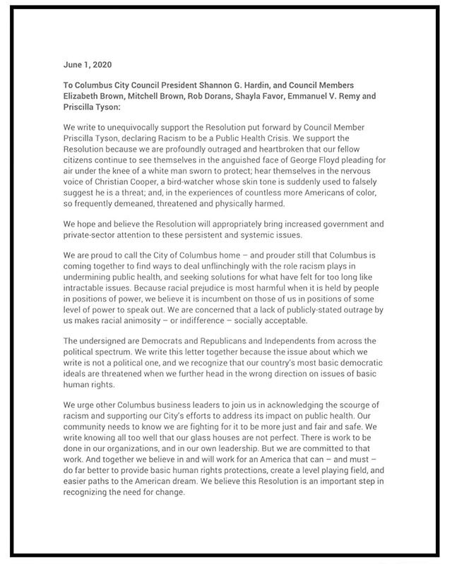 We stand with our community to declare that racism in the United States, in our city of Columbus, Ohio, is a Public Health Crisis. 1 in 1000 Black men and boys in this country, will die at the hands of police, let that horrifying statistic sink in. C