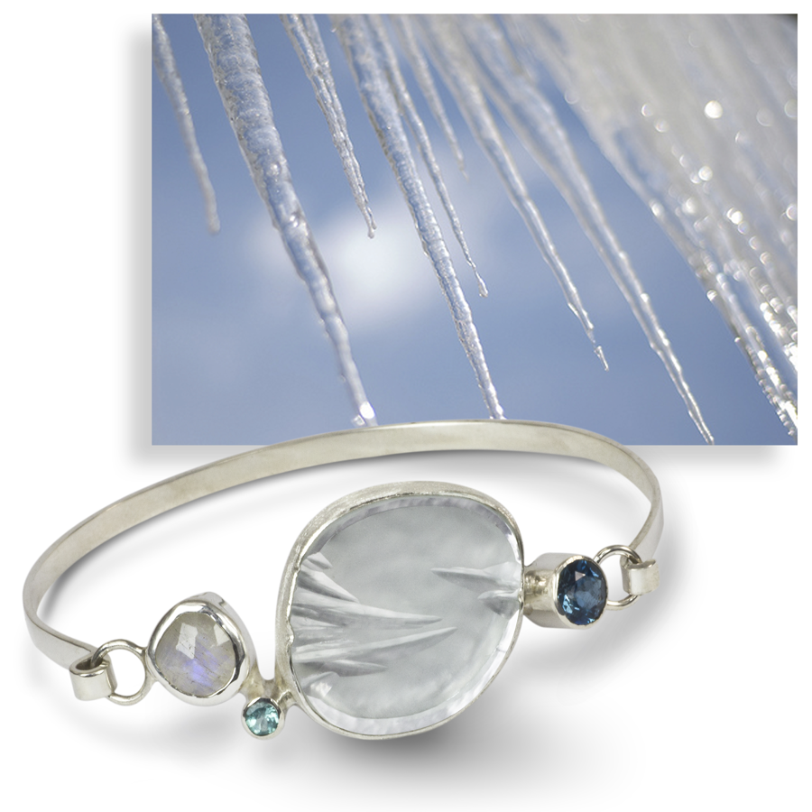 Sterling silver, glass, London blue topaz, aquamarine, and moonstone.