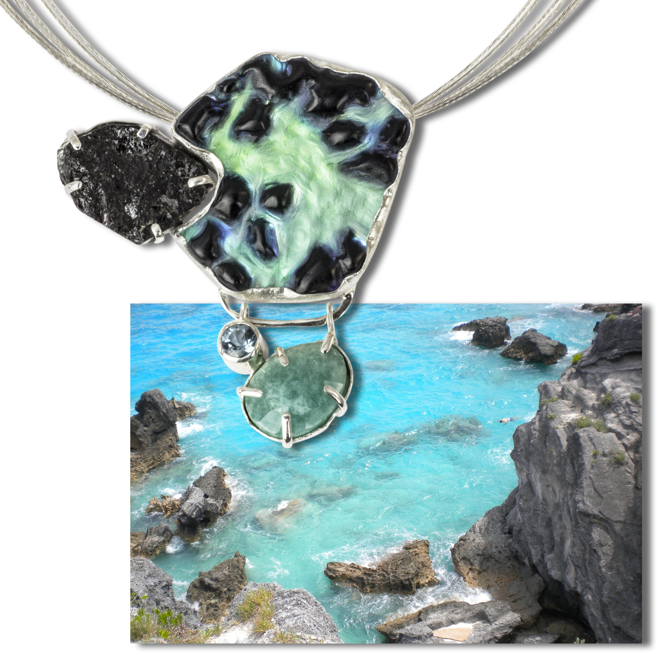 Sterling silver, glass, black tourmaline, topaz, ans amazonite.