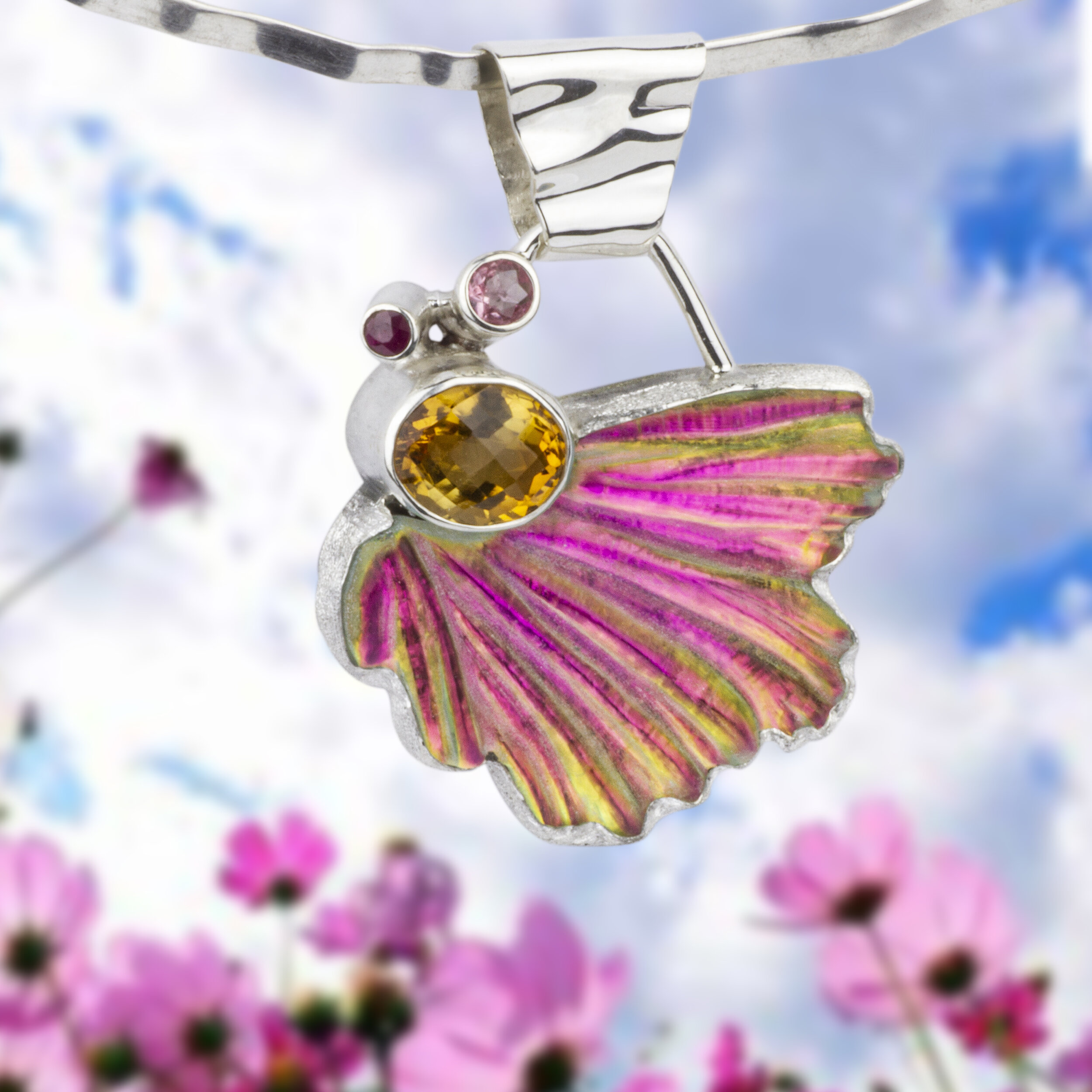 Sterling silver, glass, pink tourmaline, garnet, citrine.