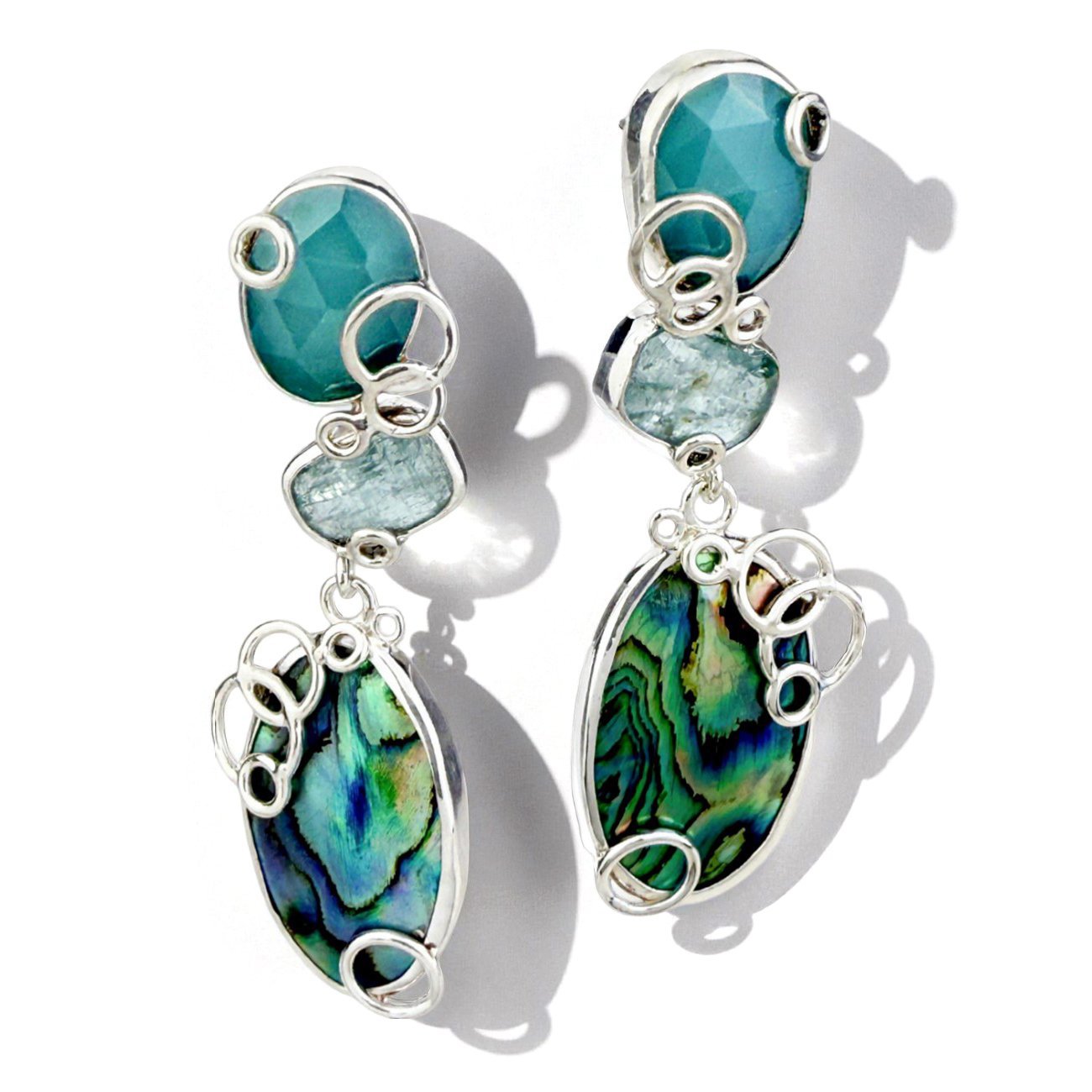 Handmade sterling silver drop earrings with chalcedony, kyanite, and abalone, with sculpted silver bubble details