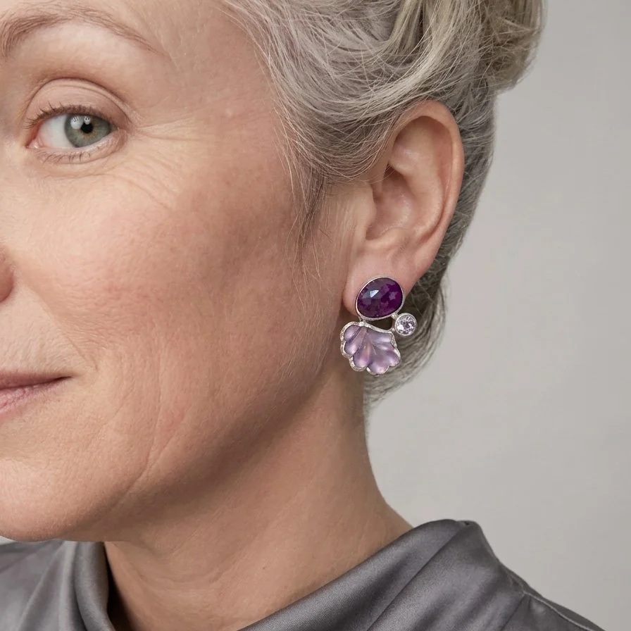 Halcyon-earrings-sapphire-amethyst-pink carved glass-on-model.jpg