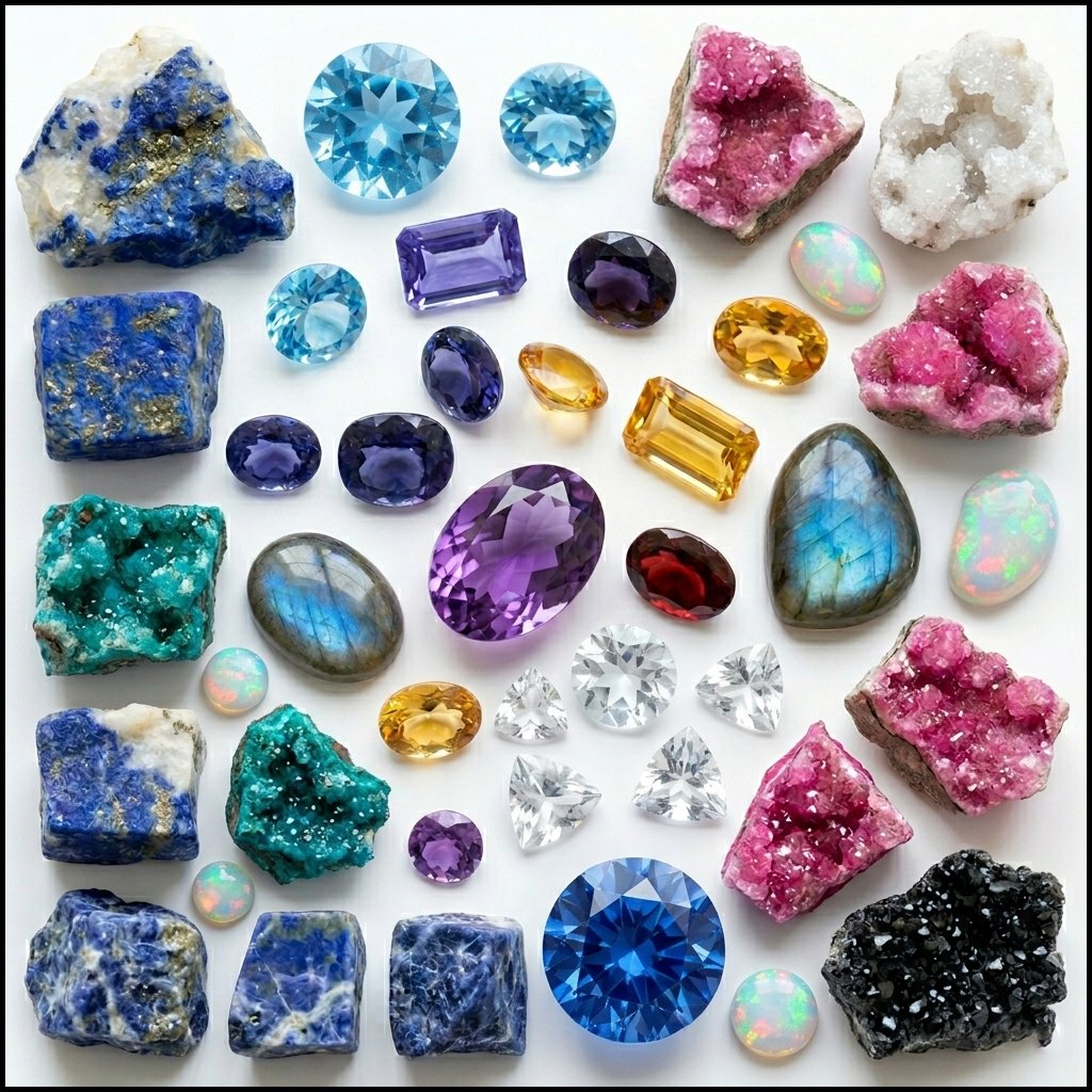 My materials- a mix of raw and faceted genuine gemstones.
