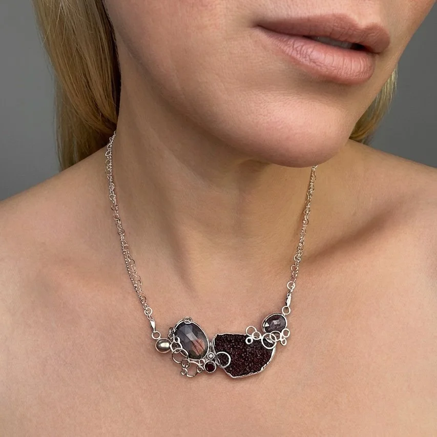 Bordeaux-Cove-Necklace-with-labradorite-rhodolite-pearl-sapphire-ametyst druzy-on-model.jpg