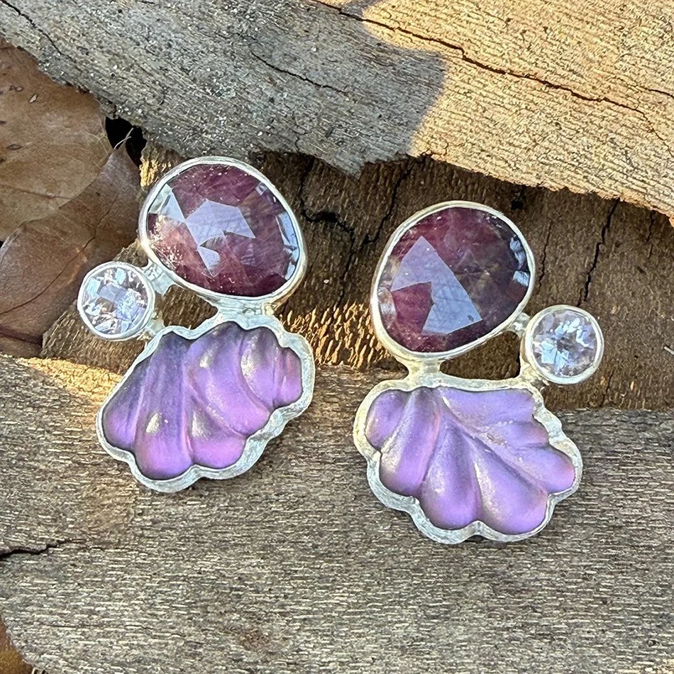 Halcyon-earrings-sapphire-amethyst-pink carved glass-outside.jpg