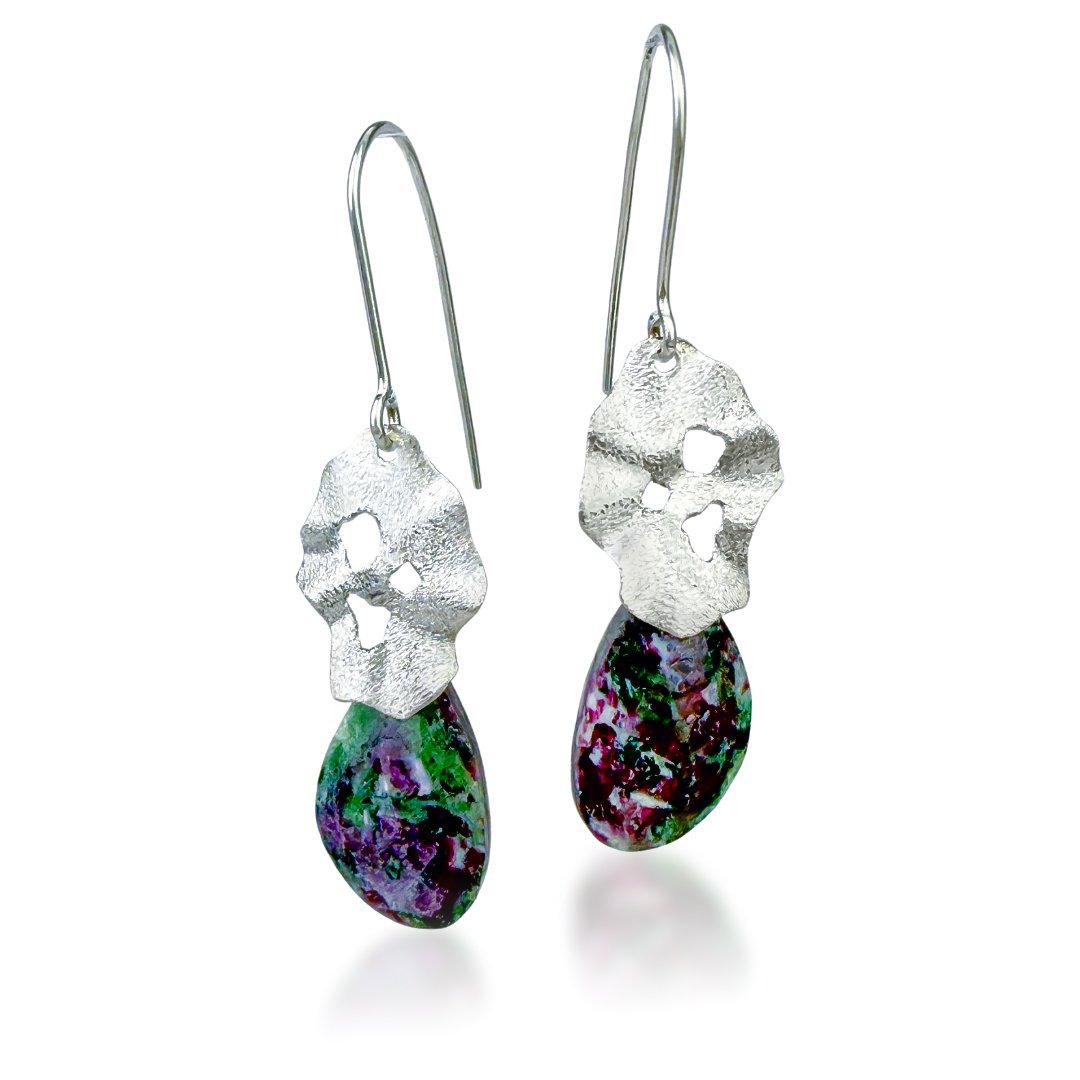 Handmade sterling silver earrings with pierced, textured tops and green-and-magenta ruby zoisite drops.
