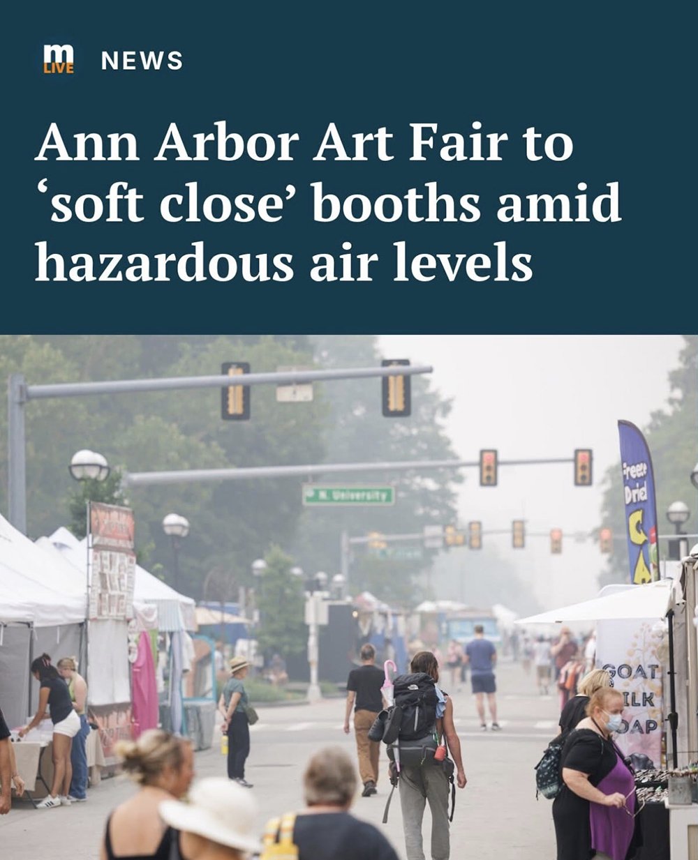 A news article about the hazardous air caused by a Canadian wildfire wich caused the Ann Arbor Art Fair to close earlky.