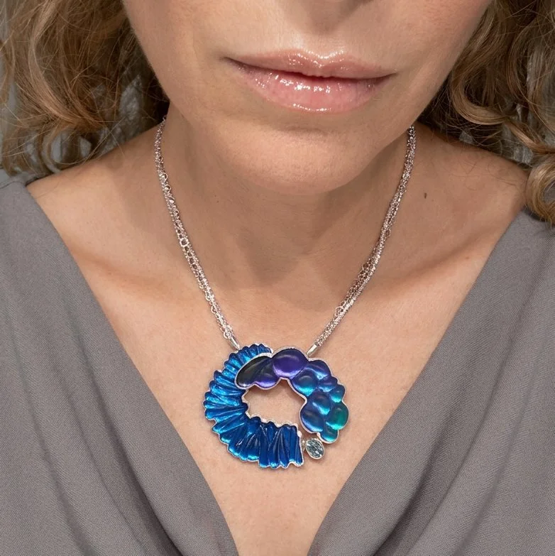 confluence-pin-pendant-blue-green-violet-glass-on-model-as-necklace.jpg
