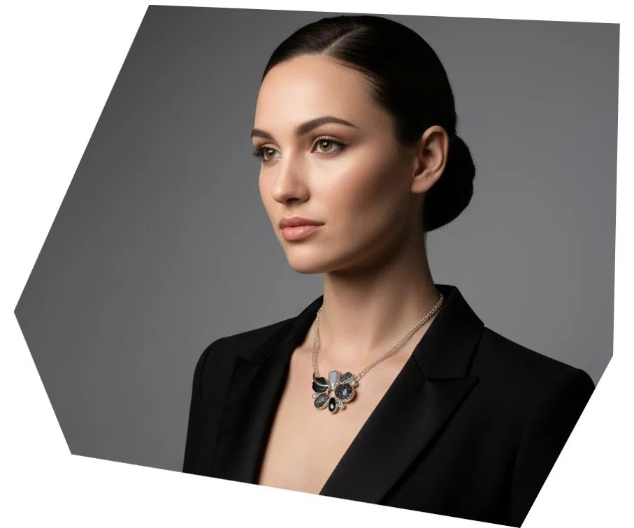 A woman with dark hair styled in a low bun, wearing a black blazer and a statement necklace with black and silver elements, looking off to the side against a gray background.