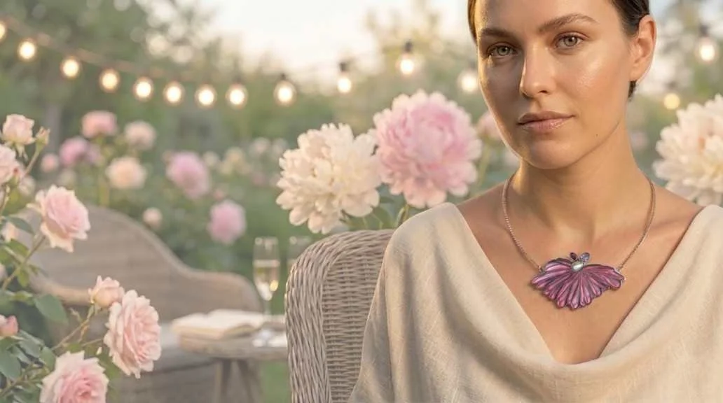 A woman in a beige top wears contemporary carved glass flower necklace, outdoors at a garden or patio with pink flowers, string lights, a table with a champagne glass, and a cushioned bench in the background.