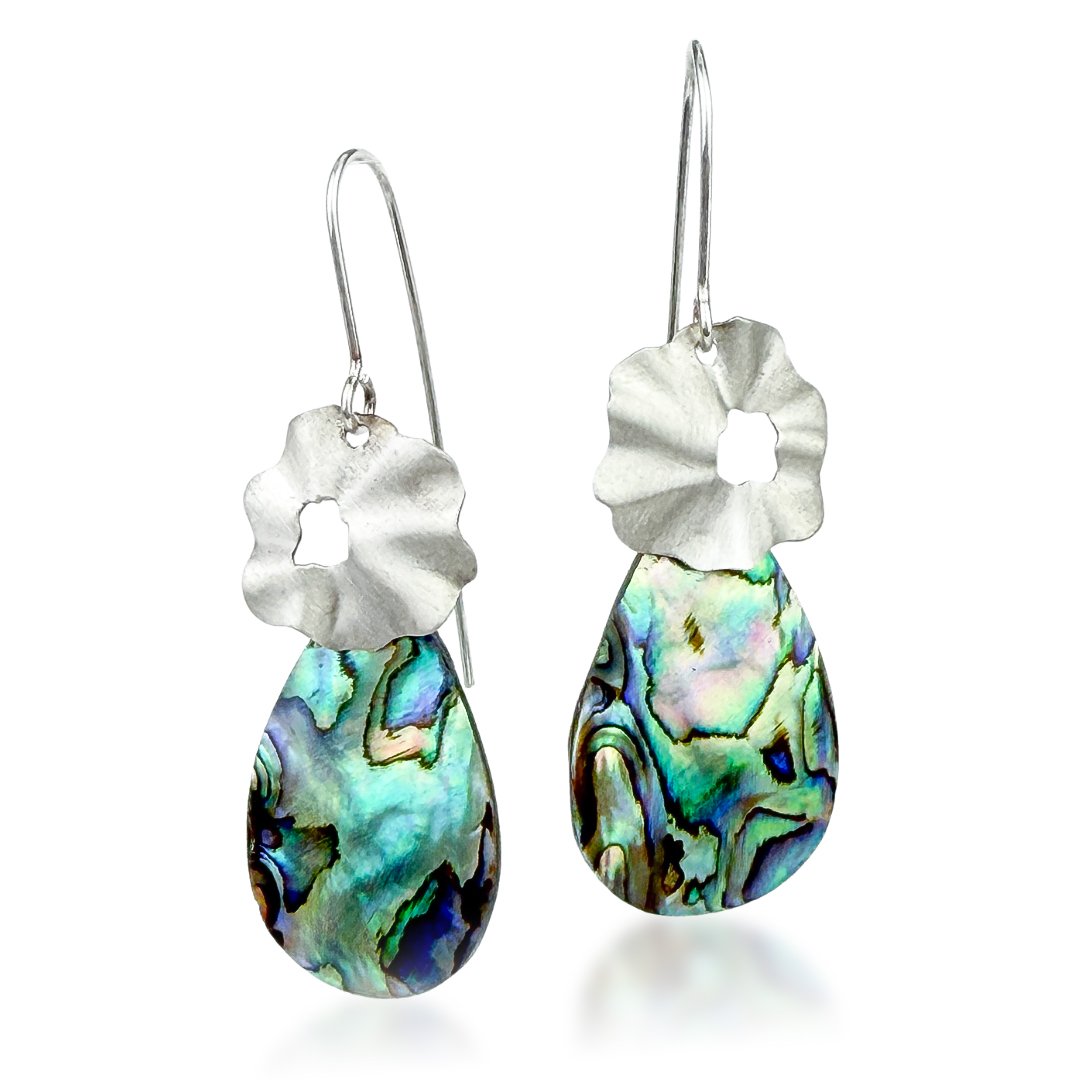 Sterling silver earrings with textured floral tops and teardrop-shaped abalone shell dangles.