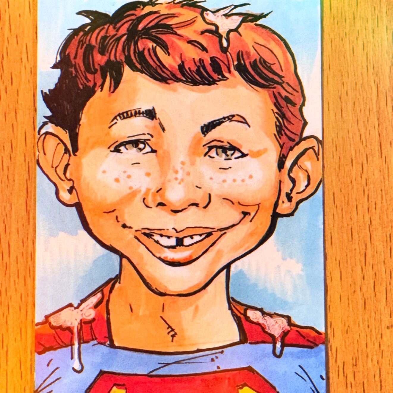 It's a bird.. it's a plane... na it was definitely a bird!  Alfred E. Neuman sketchcard .
 
#madmagazine #alfredeneuman #comics #mad #jackdavis #donmartin #whatmeworry #eccomics #s #spyvsspy #harveykurtzman #cartoon #mortdrucker #williamgaines #aljaf