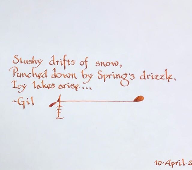 April rains
.
Slushy drifts of snow
Punched down by spring&rsquo;s drizzle
Icy lakes arise
.
On the bay
Rafts of ice drift
Pushed along
Tides and wind
Colliding 
Piling 
A crowd
Waiting to
Disperse .
Crows sit
Each in their
Tree
Cawling 
Across the
F