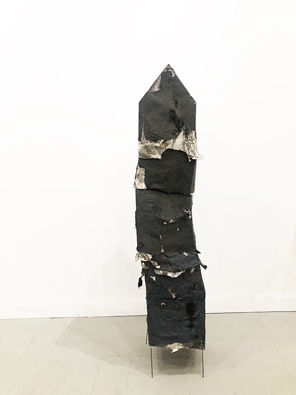 House Stacking, 2022,  paper, cheese cloth, ink, steel, cork, 54 x 10 x 10 inches	