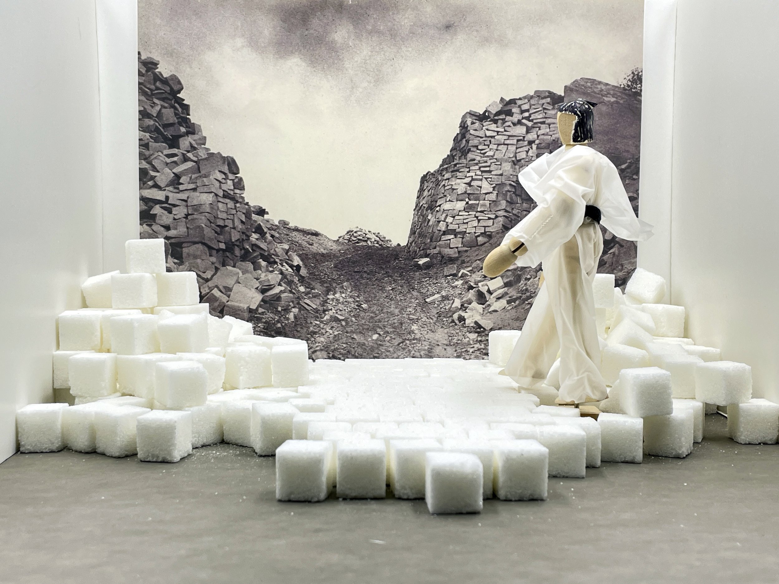 Nadia Martinez, Untitled (Givers and Takers), 2021, Sugar cubes, photography and wooden figure, site-installation proposal.jpg