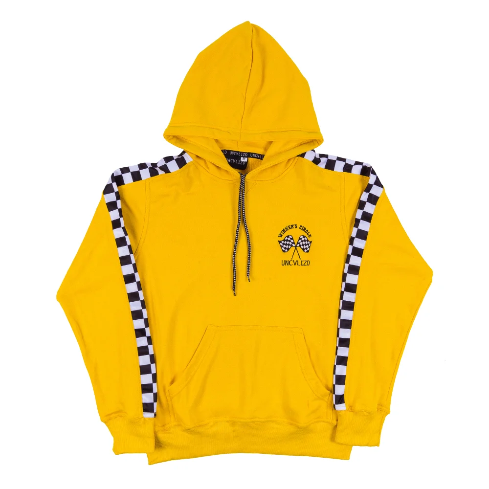 yellow hoodie with checkered sleeves