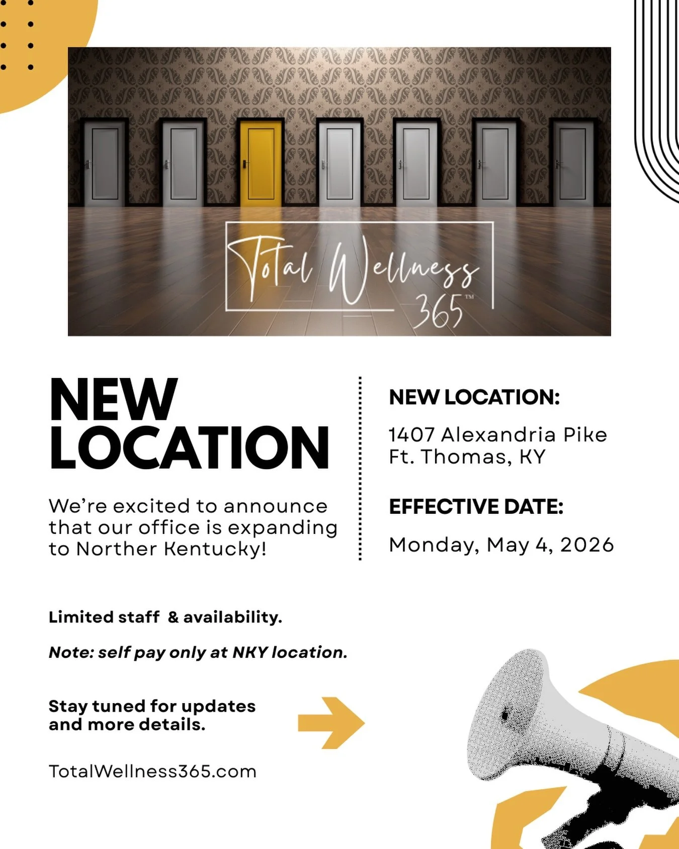 Total Wellness 365 has a new location in Northern Kentucky and are accepting new clients immediately! 

Limited clinician availability and self pay only. #to schedule follow link in profile for a free consultation. 

#newlocation #weregrowing