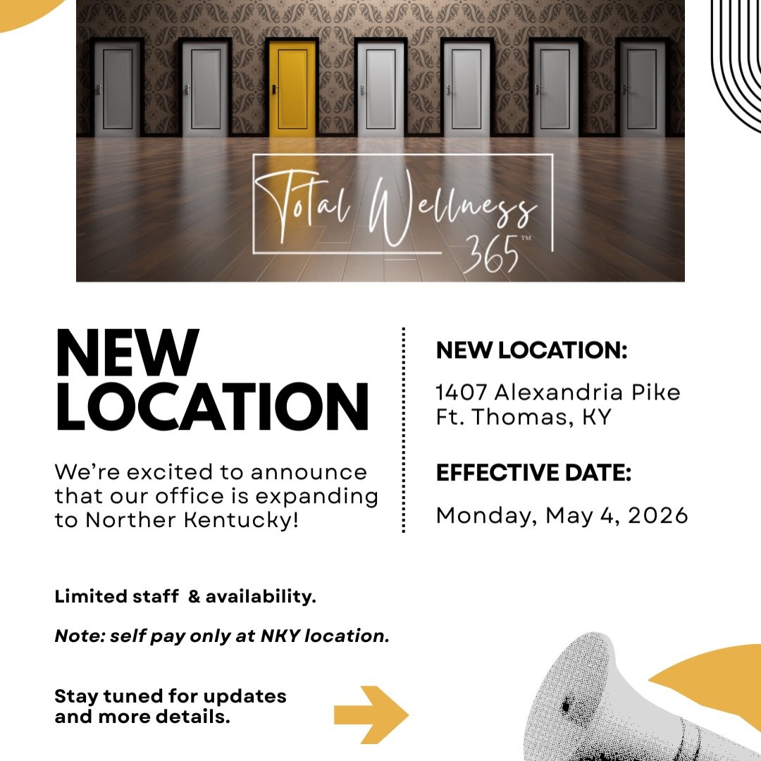 Accepting new clients at our new location now!!

Self pay and select clinicians available. To schedule with Dr. Sarah or Caroline, use the this link https://totalwellness365.clientsecure.me

A view into our new office space in Ft. Thomas, Kentucky. D