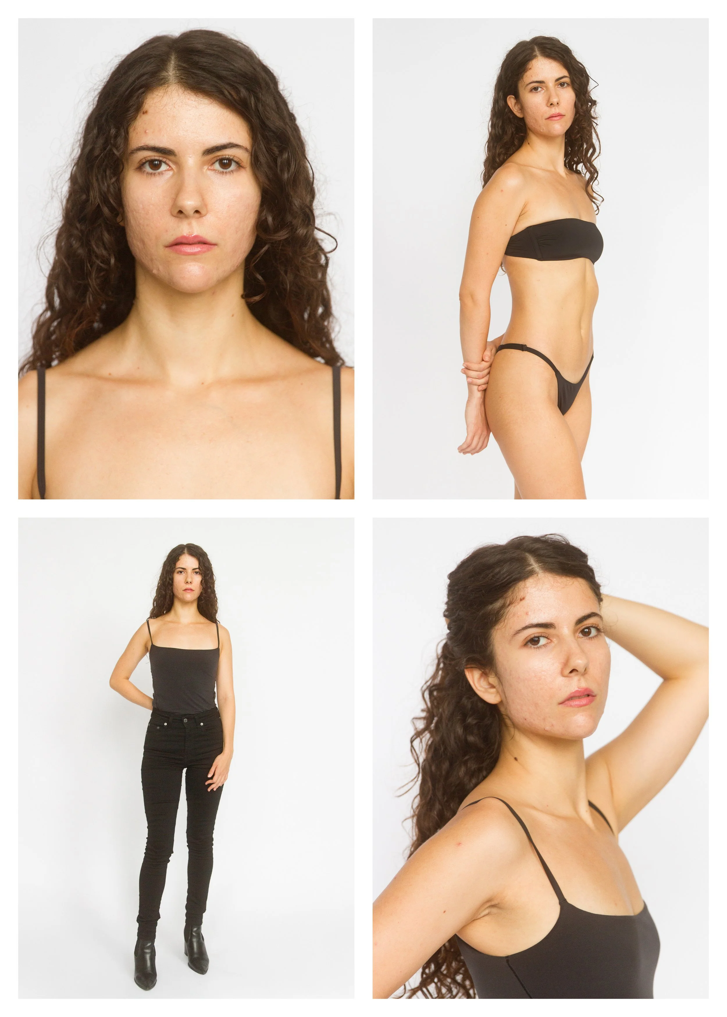 A collage of four images of a woman with long curly brown hair and light skin. In the top left, she faces forward with a neutral expression. In the top right, she stands in profile wearing a black bikini with her hands behind her back. In the bottom