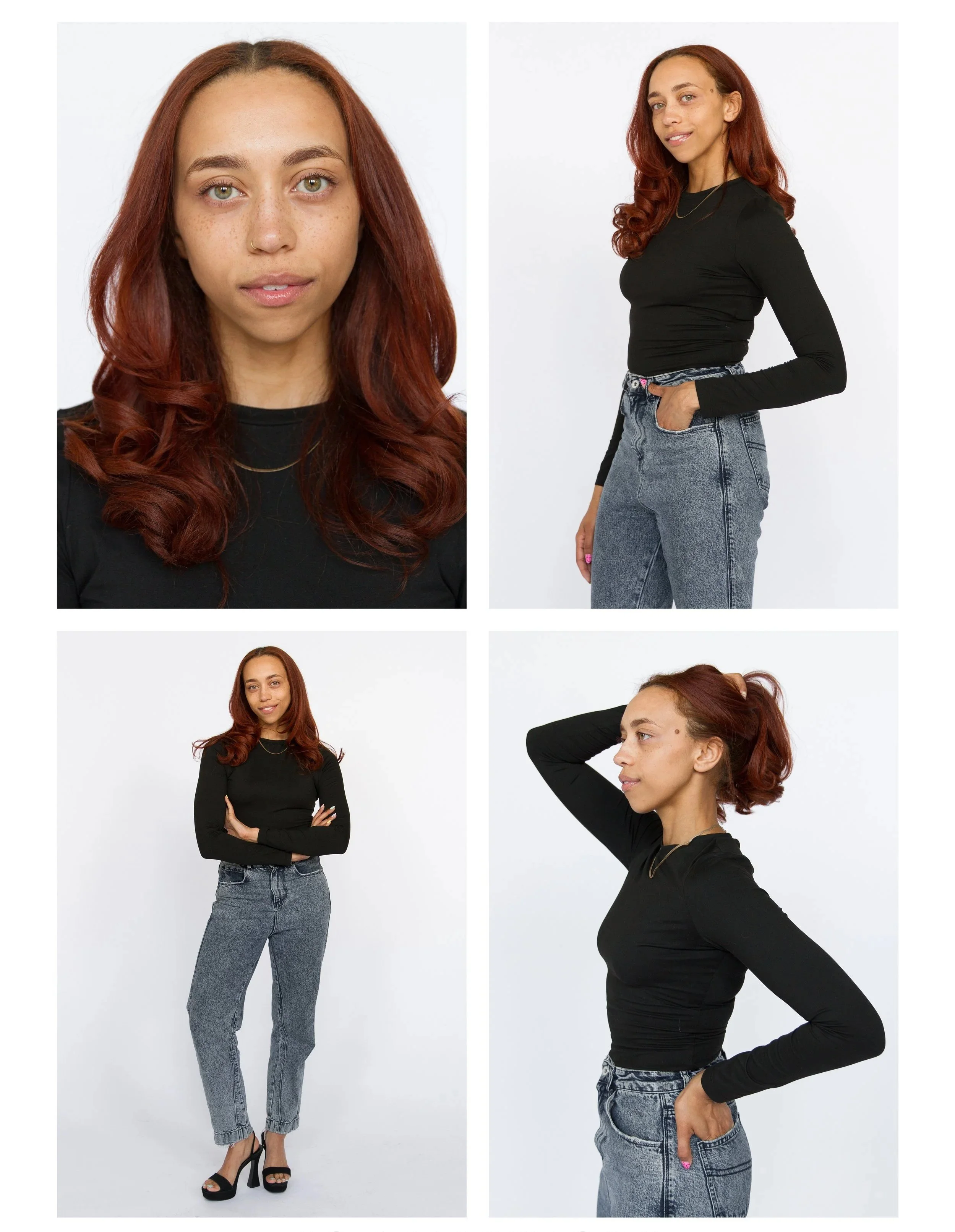 A woman with red hair, wearing a black long sleeve top and high-waisted jeans, shown in four different poses against a white background.