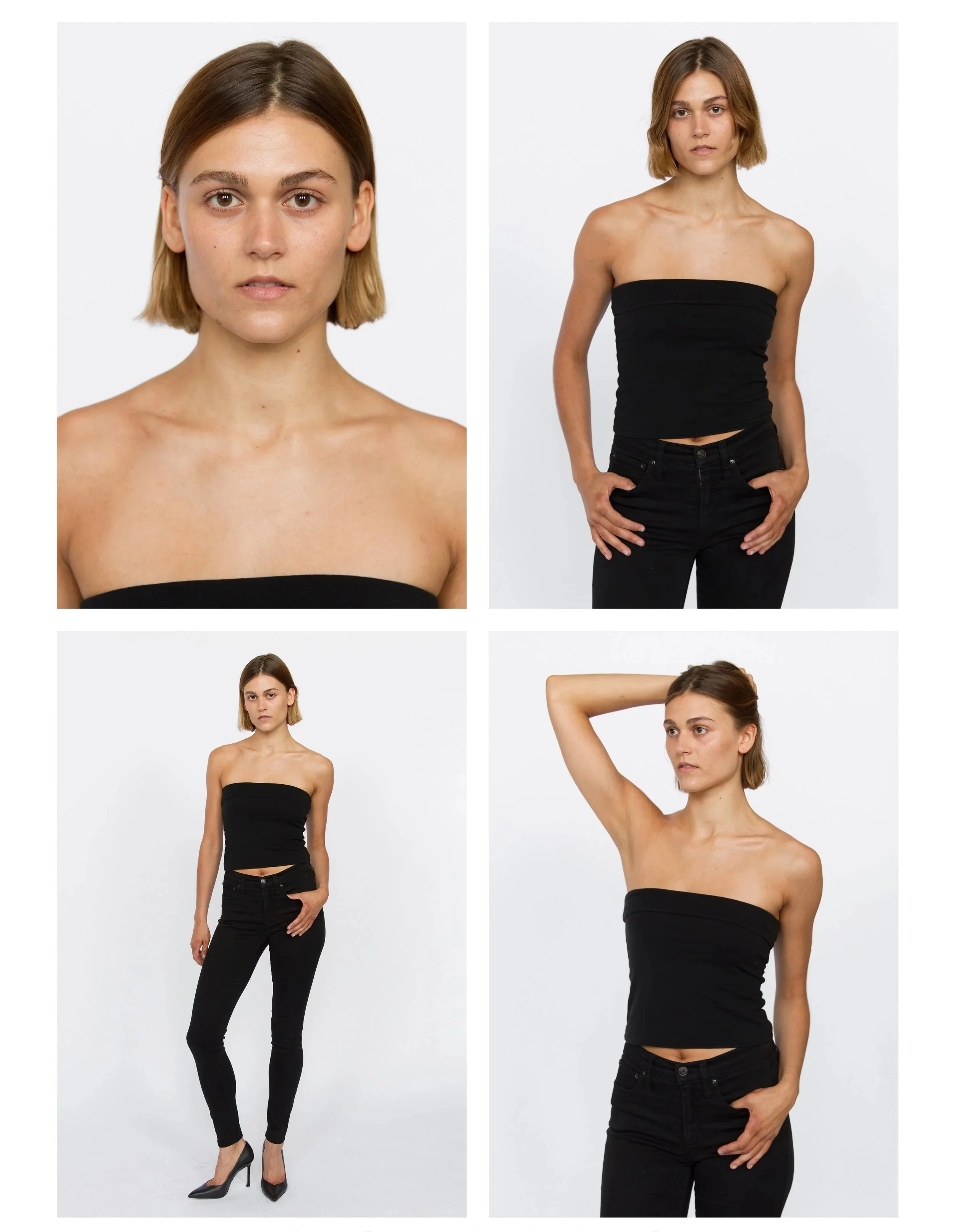 A young woman with shoulder-length light brown hair, wearing a black strapless top and black jeans, posing in various positions against a plain white background.