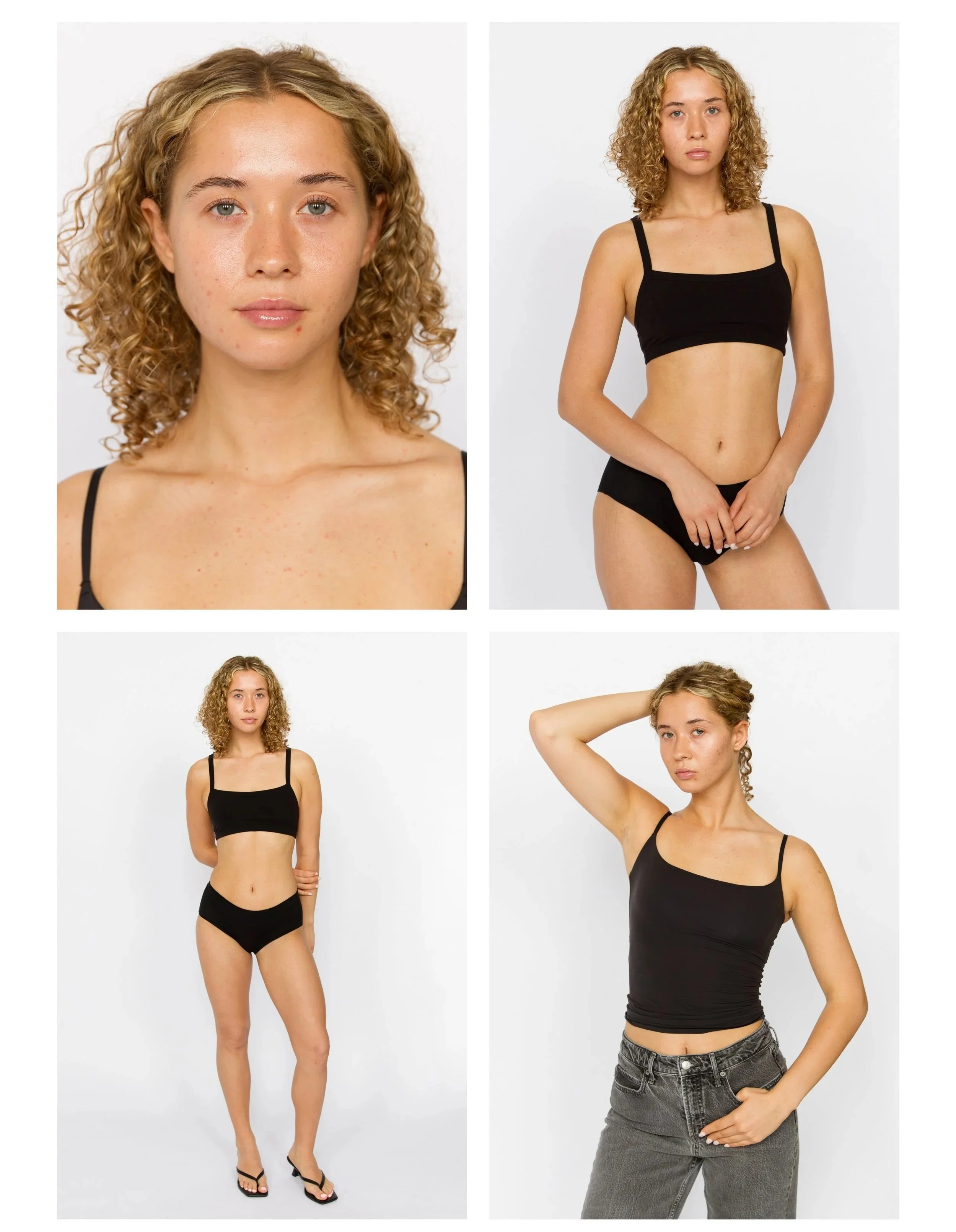 A collage of four photos showing a young woman with curly blonde hair in various poses, wearing a black crop top and gray jeans. The background is plain white. Model Digitals