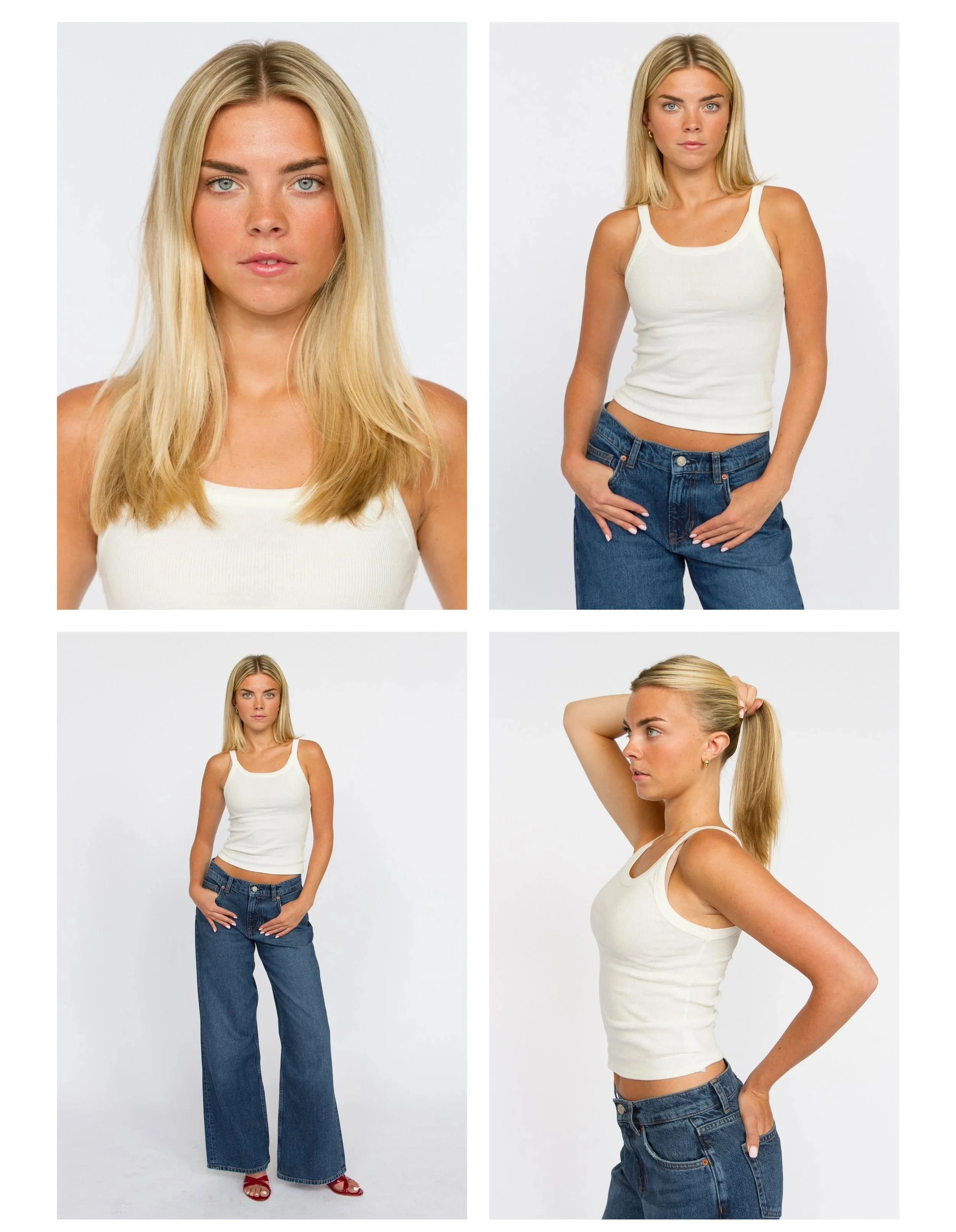 Series of four images of a blonde woman in a white tank top and blue jeans, posing in front of a plain white background. The images show her from the front, side, and with different hand positions.Model Digitals
