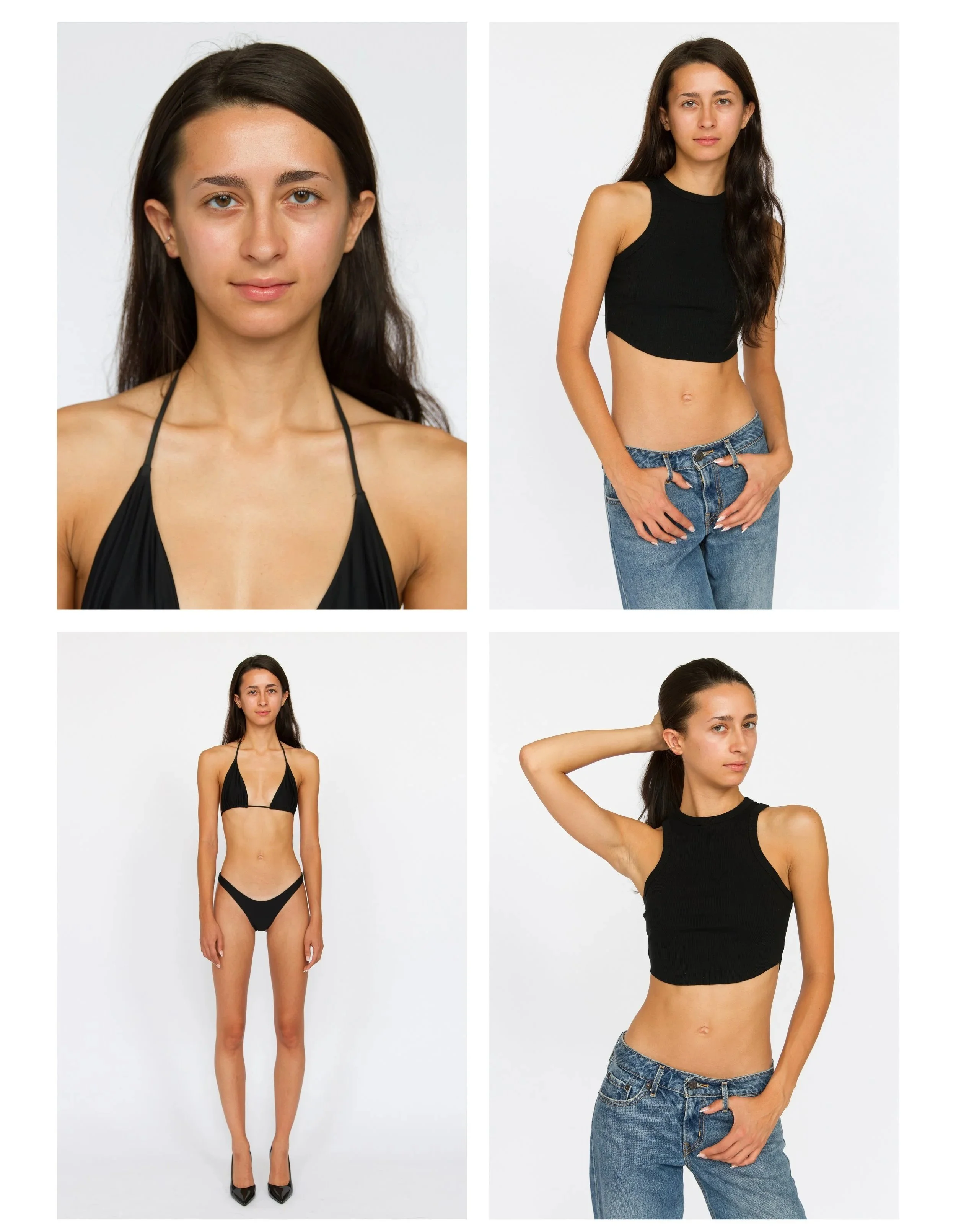 A collage of four images featuring a young woman with long dark hair, shown in various casual poses. In the first image, she wears a black halter top and looks directly at the camera. In the second, she stands with hands in pockets wearing a black cr