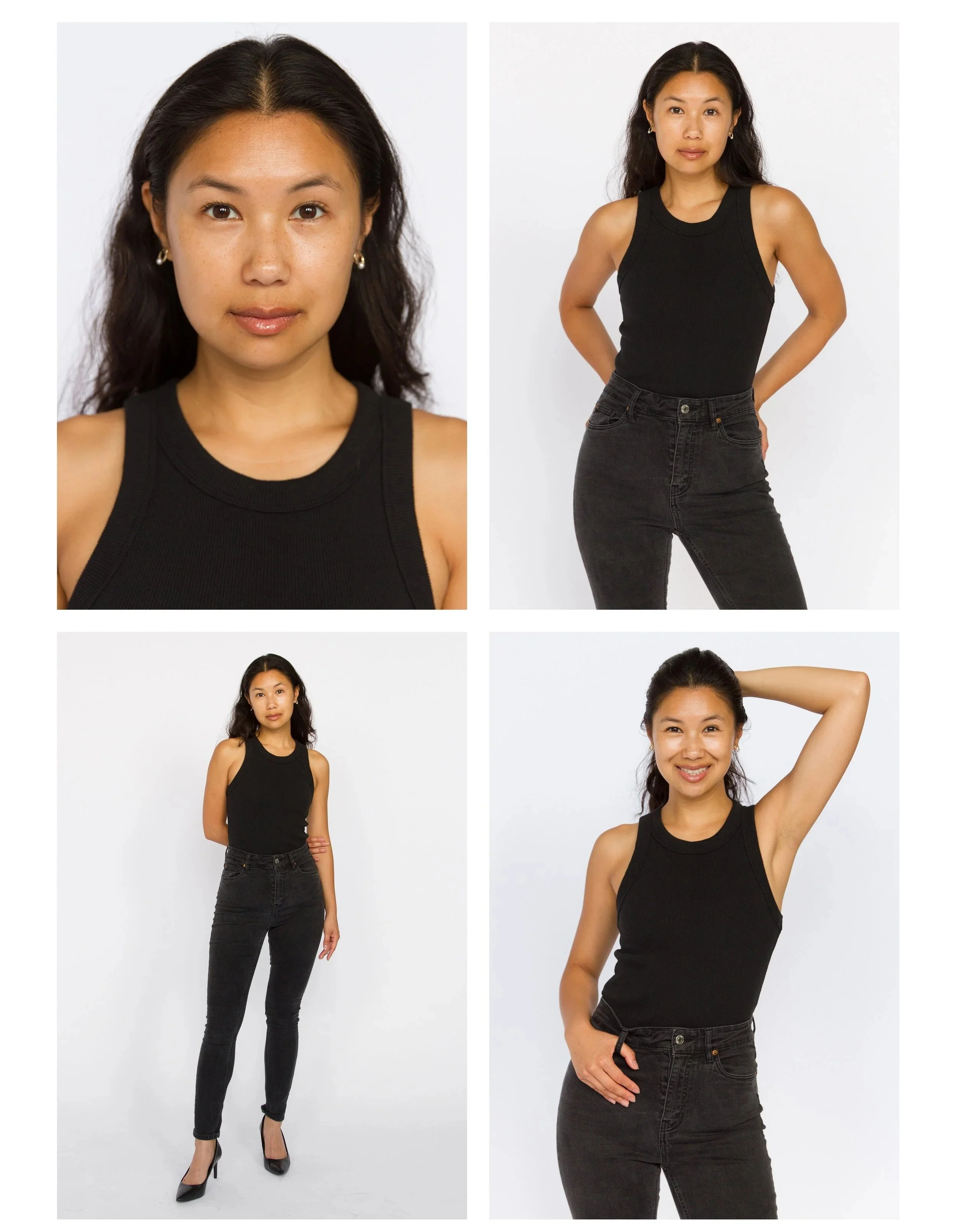 A collage of four images of a young Asian woman with long dark hair, wearing a black sleeveless top, black jeans, and black high heels against a white background. The top-left image shows a close-up of her face, the top-right shows her standing with 