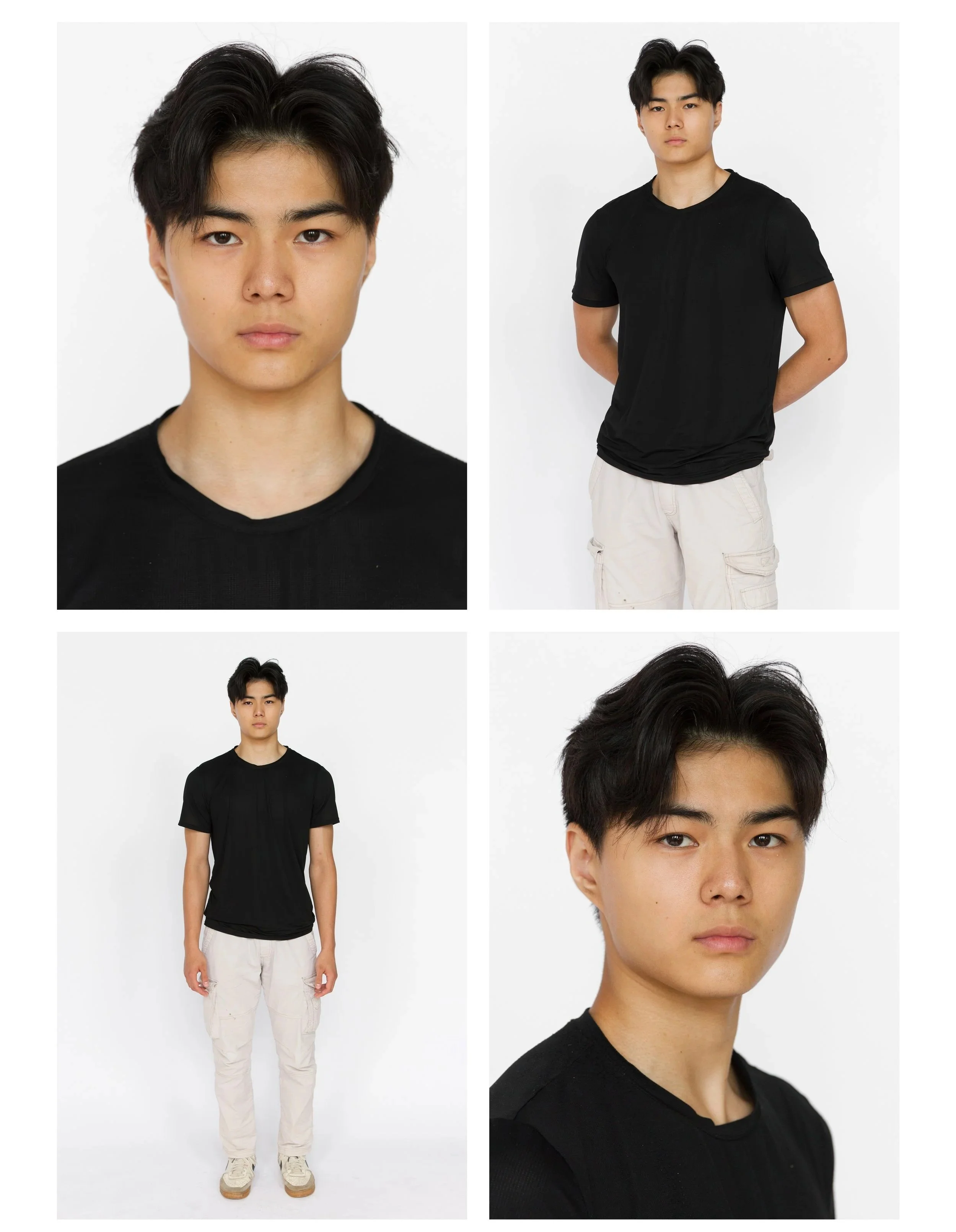A collage of four photos of young Asian man with black hair, wearing a black t-shirt, beige cargo pants, and white sneakers, standing against a white background. Model Digitals
