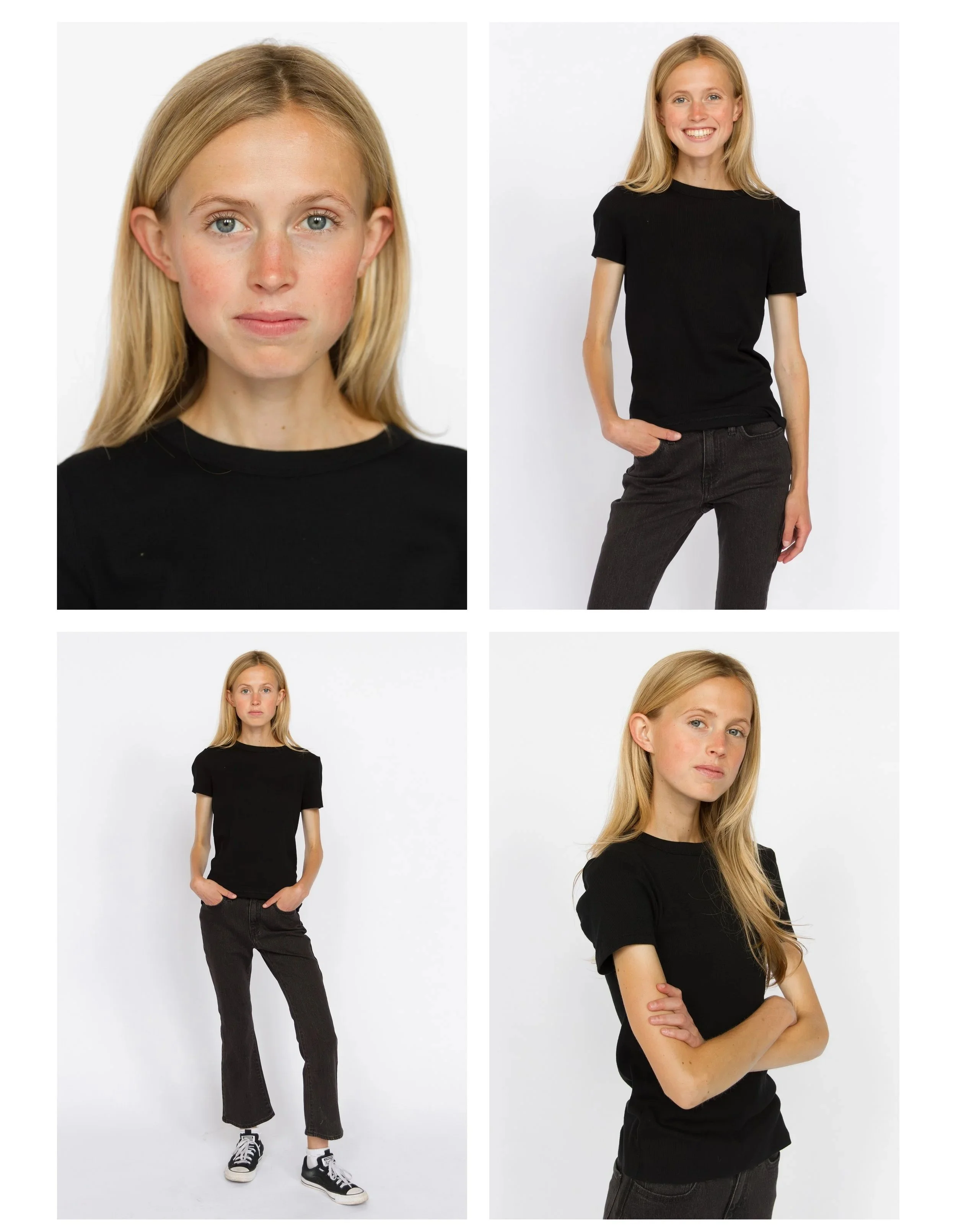 Composite of four portraits of a young woman with blonde hair, blue eyes, wearing a black t-shirt. The top left has a close-up face view, the top right shows her standing with hand in pocket and smiling, the bottom left shows her full body facing for