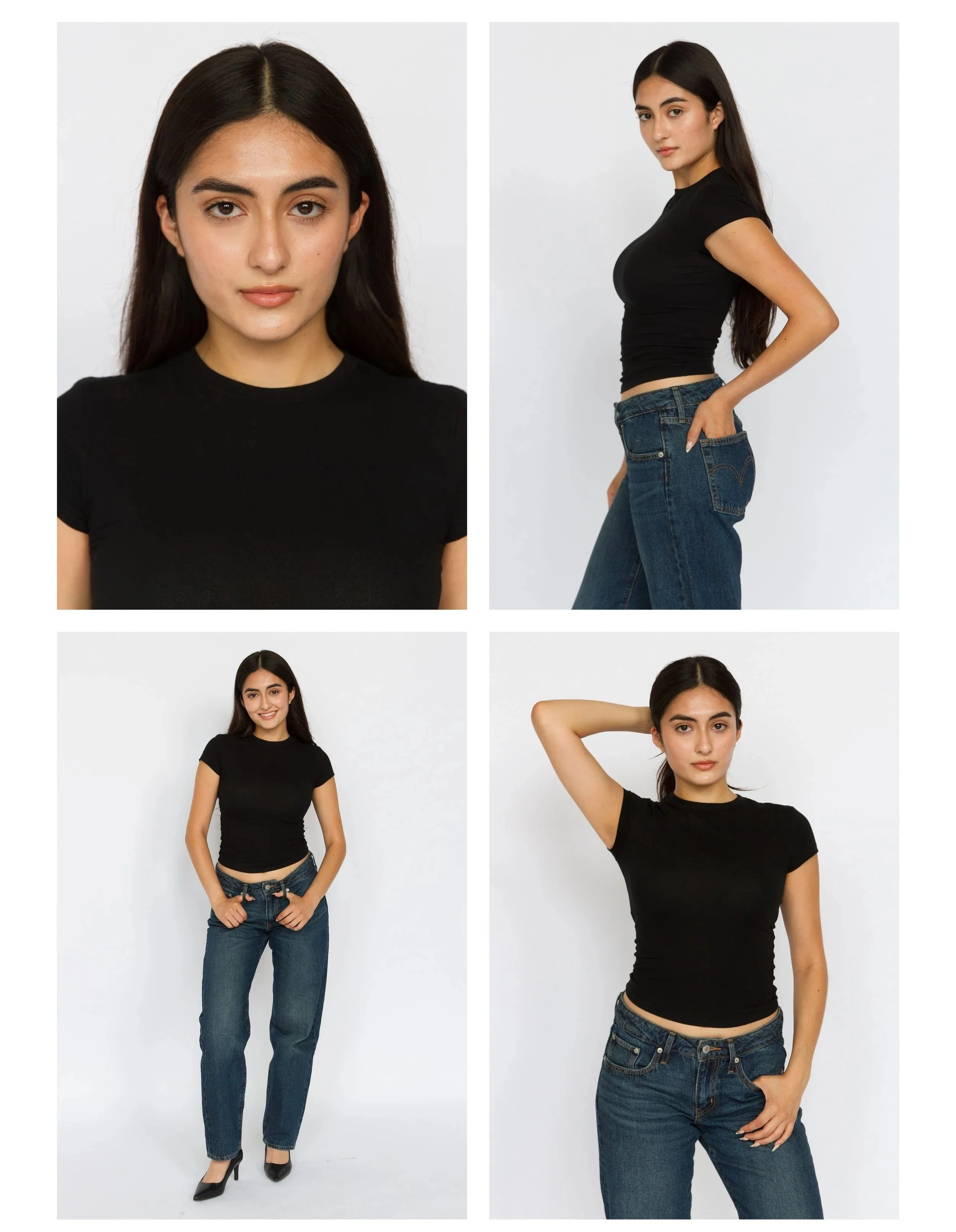 A collage of four photos of a young woman with long dark hair, wearing a black t-shirt and jeans, posing against a plain white background in different positions and expressions. Model Digitals